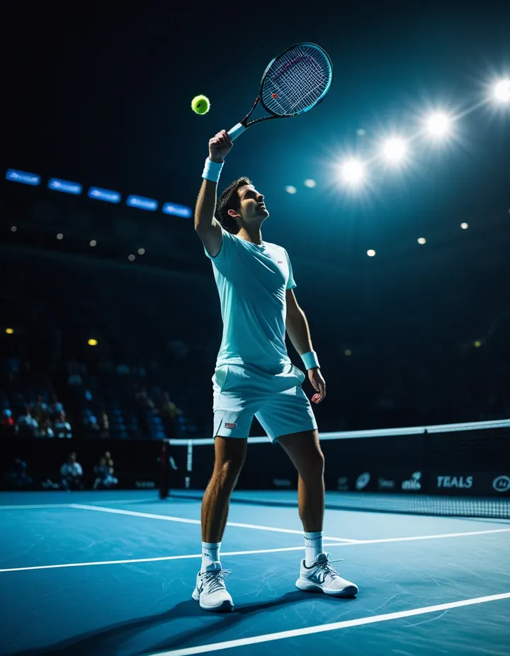 A tennis player tosses the ball to serve on a hard court at night