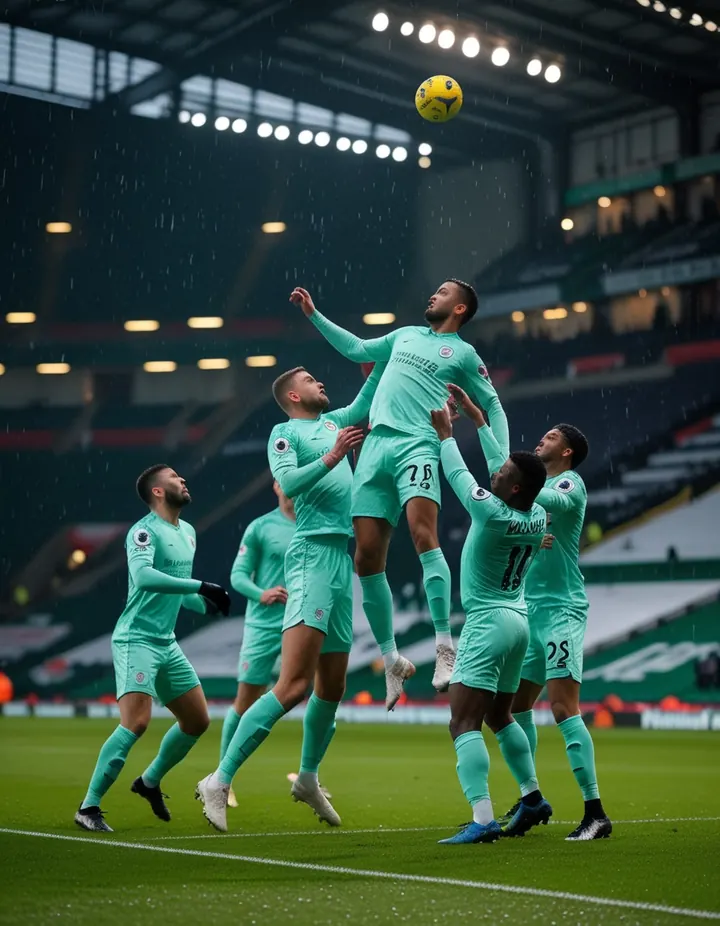 A football match at a traditional British stadium in winter rain