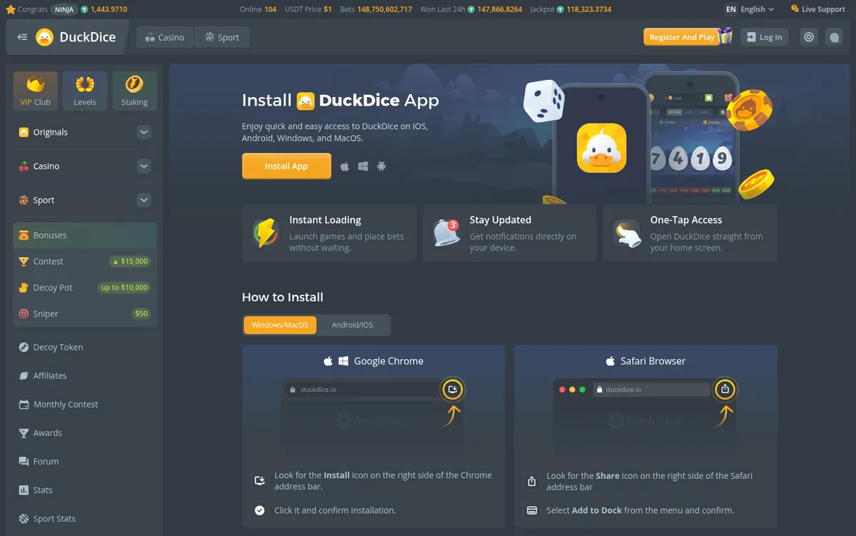 DuckDice app page with an Install App button and browser install steps for Chrome on Windows and macOS and for Safari