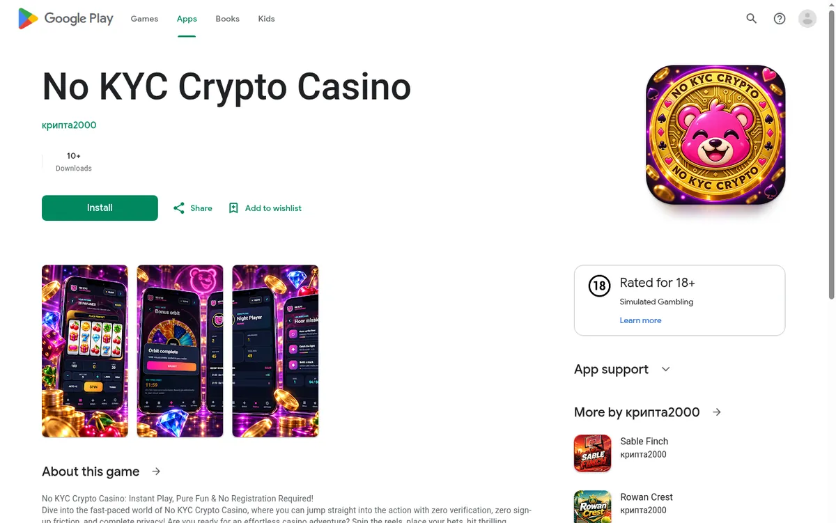 Google Play listing for No KYC Crypto Casino, rated 18+ for simulated gambling, with 10+ downloads