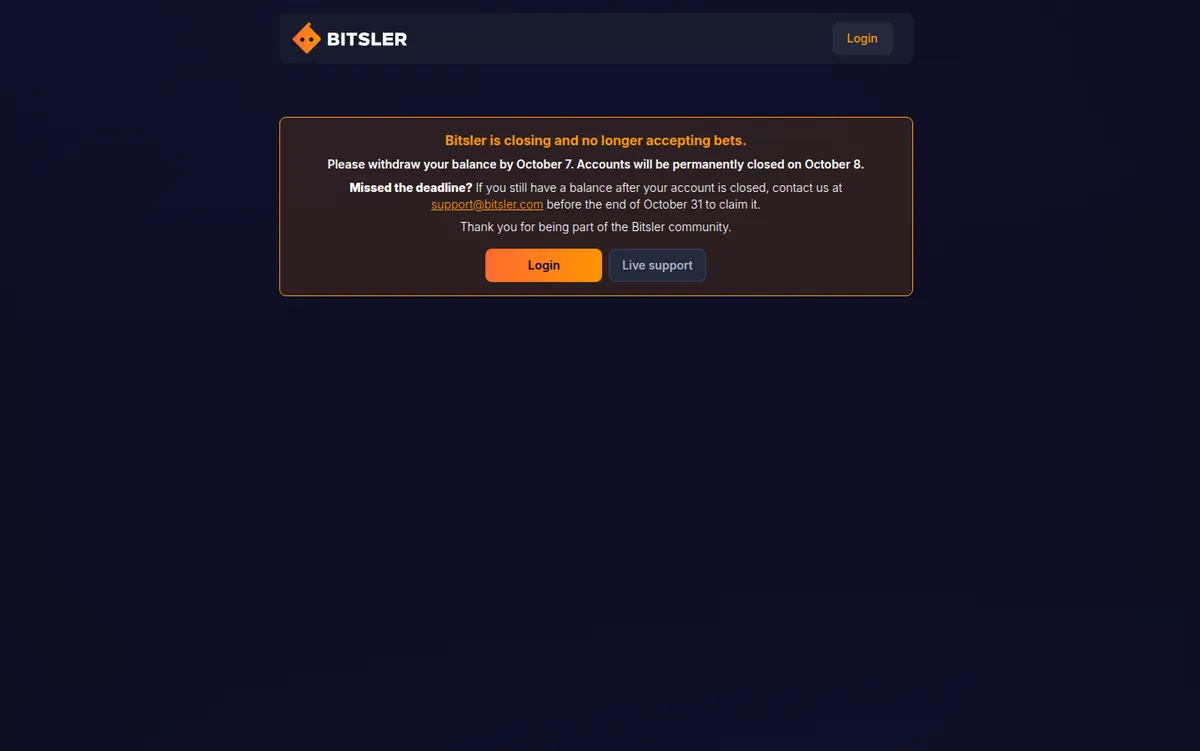Bitsler home page replaced by a notice that Bitsler is closing and no longer accepting bets, with withdrawal and closure dates