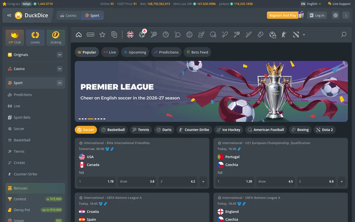 DuckDice sportsbook showing four football matches with 1X2 prices identical to Rakebit's on the same morning