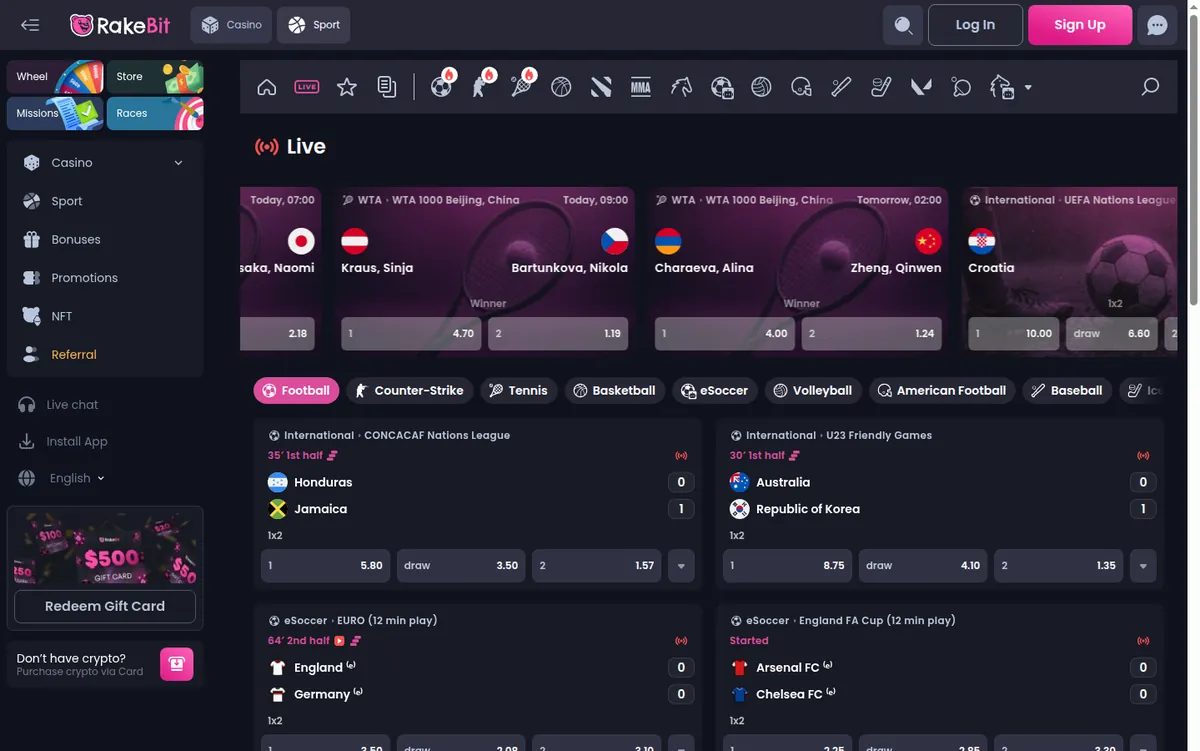 Rakebit live tab showing in-play football, tennis and basketball markets with prices updating during play