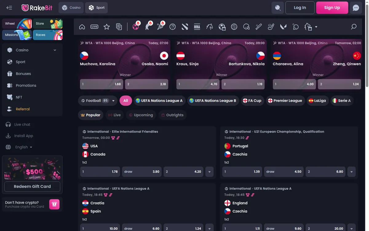 Rakebit football lobby with UEFA Nations League, Premier League, LaLiga and Serie A tabs above a list of international fixtures